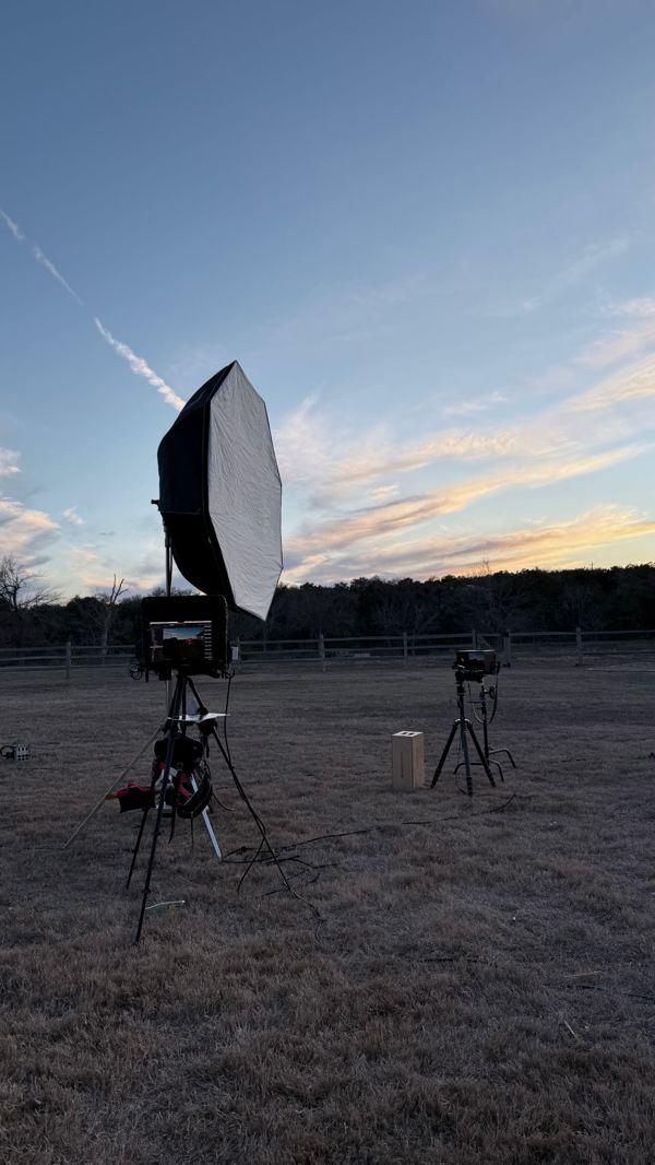 Strobe and station at dusk in a paddock